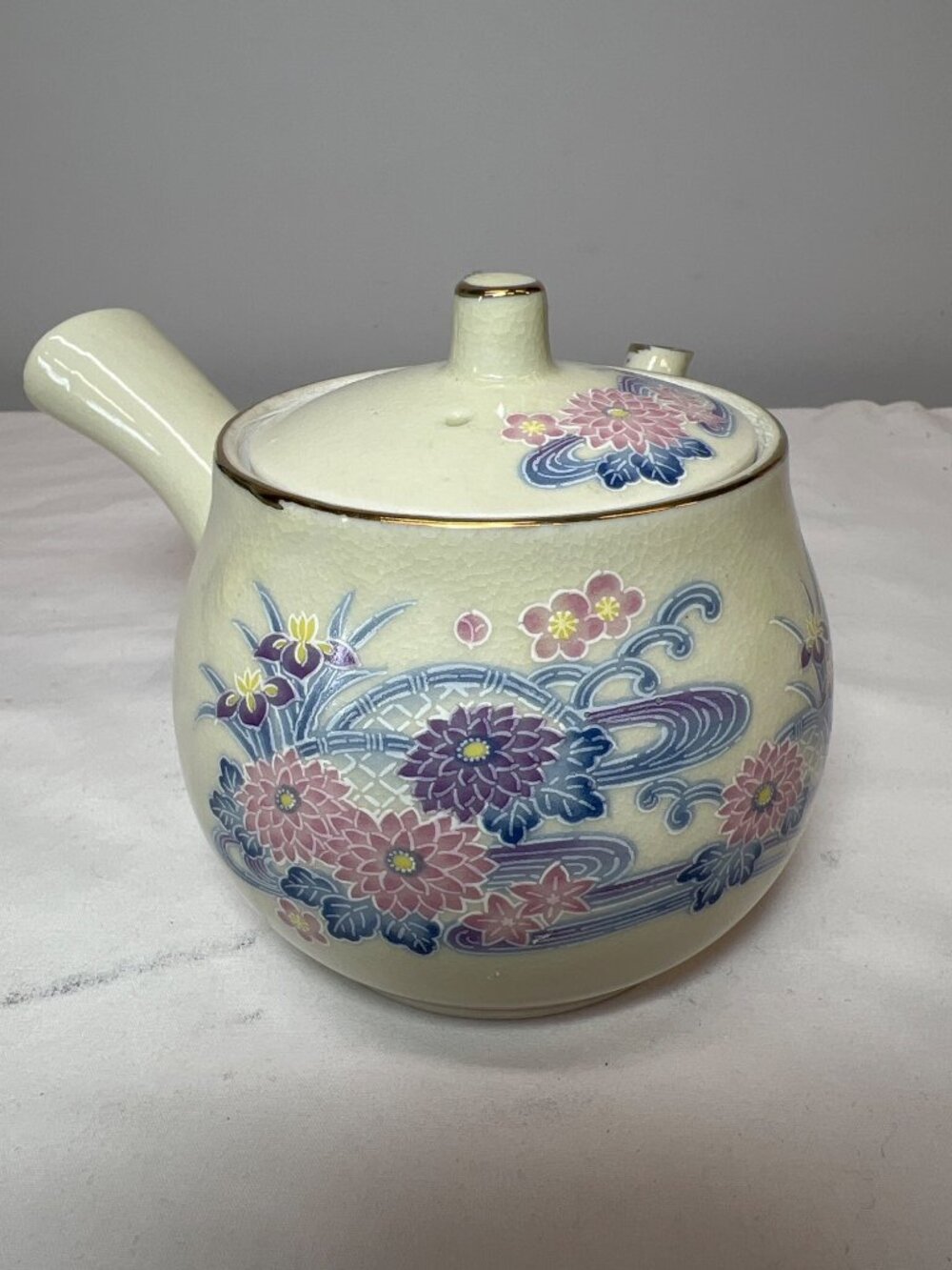 Vintage Japanese Ceramic Teapot With Floral Design & Red Stamp Mark